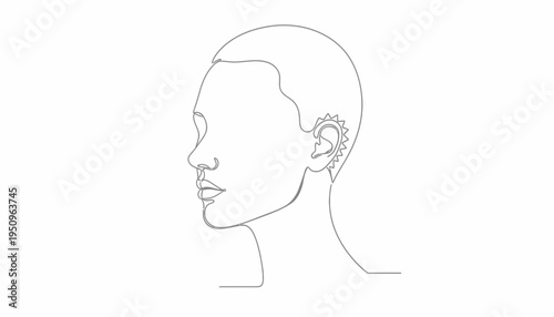 Minimalist line art portrait of a woman with short hair and intricate ear tattoo
