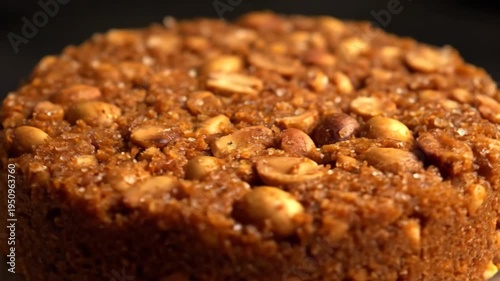 Extreme Close-up of Delicious Rustic Peanut Cake Topping Texture. Gourmet dessert featuring caramelized peanuts and glittering sugar crystals.