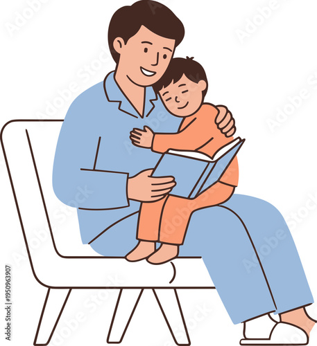 A man reading a book to a little boy on his lap indoors.