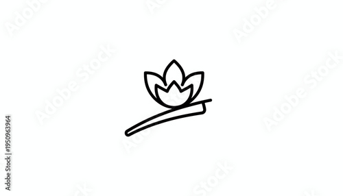 Minimalist Lotus Flower Icon on Branch, Zen Symbol, Wellness and Nature Line Art