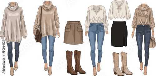 Collection of autumn and winter women fashion outfits featuring oversized sweaters denim jeans skirts and stylish boots in neutral beige tones vector illustration.