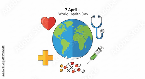 World health day globe with medical symbols and text on white background