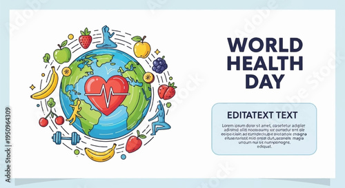 World health day poster with globe and heart surrounded by fruits and vegetables on white background
