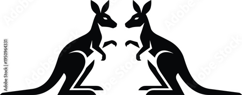 Symmetrical black kangaroo silhouette vector illustration featuring two marsupials facing each other isolated on white background for Australian nature logo design.