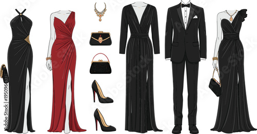 Luxury evening wear collection featuring elegant black and red gala dresses men tuxedo suits and formal accessories for red carpet events isolated vector illustration.
