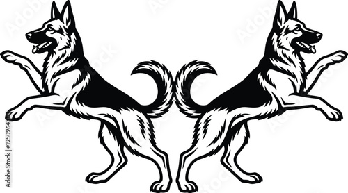 Symmetrical Black and White Vector Illustration of Two German Shepherd Dogs Standing on Hind Legs in a Mirror Image Heraldic Pose