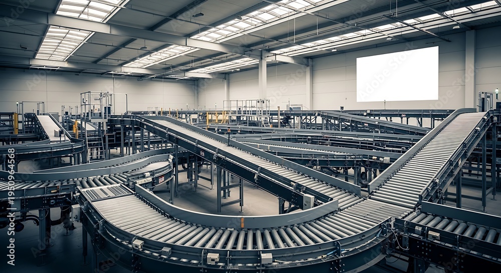 Fototapeta premium Modern automated logistics conveyor system in large warehouse