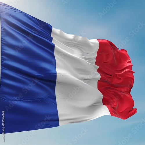 French Flag Waving Proudly Against a Clear Blue Sky.