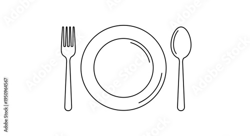 Minimalist Line Art: Plate, Fork, and Spoon Set for Dining and Food Service