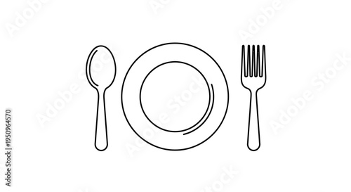 Minimalist Line Art: Plate, Fork, and Spoon Icon - Simple Dining Setup