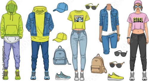 Modern streetwear fashion collection with hoodies denim jackets t-shirts jeans sneakers and accessories for men and women stylish urban clothing set isolated on white vector illustration.