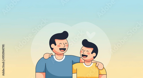 Two men with arms around each other laughing outdoors in sunny warm colors