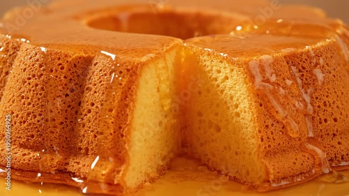 Close-up shot of rich golden sponge cake texture being drizzled with sweet honey or syrup, creating a tempting and decadent dessert scene.