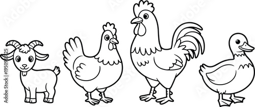 Cute farm animals coloring page for children featuring goat hen rooste