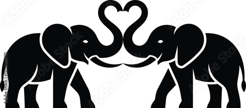 Two black elephant silhouettes facing each other with trunks curved into a heart shape representing love unity and wild animal romance