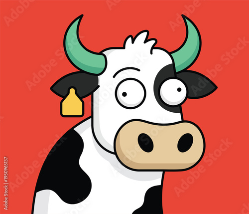 A quirky and humorous cartoon dairy cow with wide, surprised eyes and distinct green horns stares forward on a bold, vibrant red backdrop.