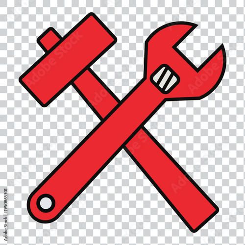 A vibrant red hammer and adjustable wrench are precisely crossed, symbolizing essential tools, reliable construction.