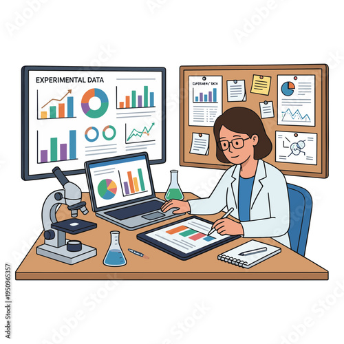 A scientist examines experimental data on her computer and laptop in a laboratory.