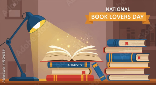 National book lovers day illustration with lamp books and reading theme symbolizing education and literature