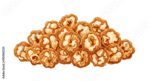 Vector illustration of a heap of golden-brown caramel popcorn kernels isolated on a white background, featuring puffed corn snacks with detailed toasted textures and outlines.