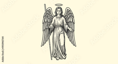 Vintage woodcut engraving of a guardian angel with large feathered wings and a halo, holding a long wooden staff and wearing flowing robes, isolated on an aged cream background.