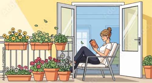 Woman relaxing on balcony with potted plants enjoying coffee serene morning atmosphere