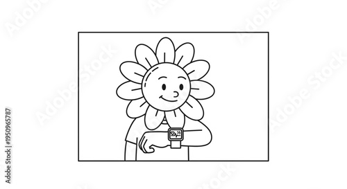 Happy cartoon flower character checking smartwatch, time management concept