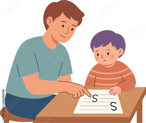 Man teaching a child to read a book on a table indoors