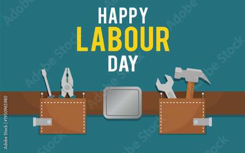 Happy Labor Day illustration featuring a worker's tool belt with various essential tools like a hammer, wrench, screwdriver.