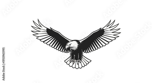 Black and white vector illustration of a bald eagle soaring with wings spread wide and sharp talons extended, mascot style graphic design isolated on a white background