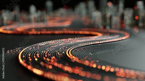 Glowing data streams move across a futuristic cityscape infrastructure