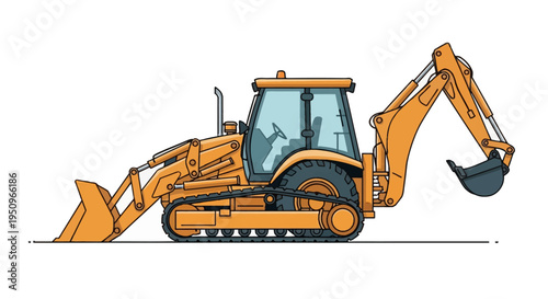 Yellow backhoe loader illustration on white background. Side view of heavy construction machinery with crawler tracks, front loader bucket, and rear excavator arm hydraulic system.