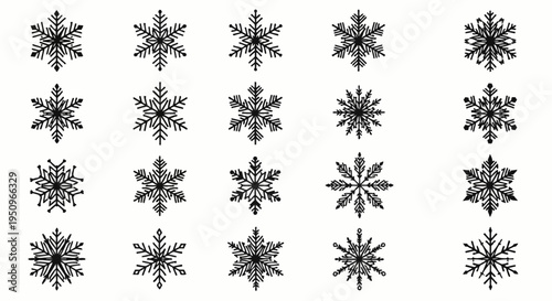Collection of twenty distinct black snowflake vector silhouettes on a white background. Set includes various intricate geometric ice crystal shapes for winter holiday graphic design.
