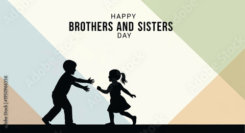 Silhouette of happy siblings running together outdoors on brothers and sisters day with colorful background