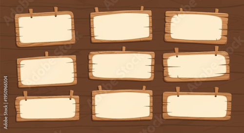 A collection of nine blank cartoon wooden signs and parchment banners arranged on a dark brown wood plank background for game interface design or website notification elements.