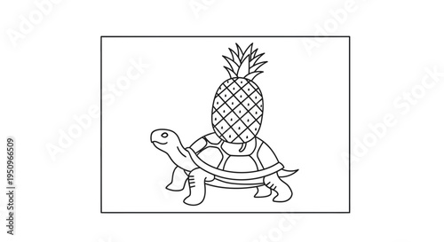 Funny Turtle Carrying a Pineapple on its Back - Outline Drawing