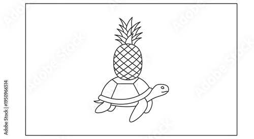 Funny Turtle Carrying Pineapple on Shell - Outline Drawing