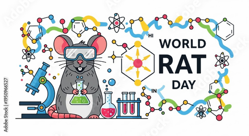 Gray rat in goggles and lab gear celebrates world rat day with colorful molecular structures and science equipment