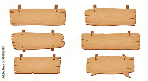 Set of six cartoon wooden blank banners and signboards featuring light brown wood grain, cracked edges, and rope attachments, isolated on a white background for text placement.