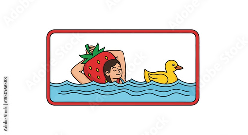 Girl in Strawberry Costume Swimming with Rubber Duck in Water