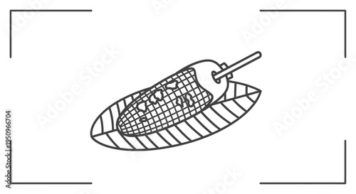 Hand-drawn illustration of a corn cob on a leaf, simple line art, isolated on white background.