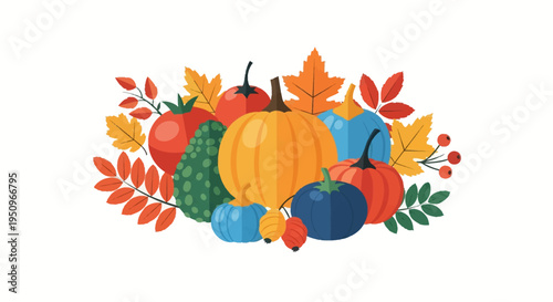 Flat vector illustration of a colorful autumn harvest arrangement featuring pumpkins, gourds, maple leaves, and berries isolated on a white background for seasonal design.