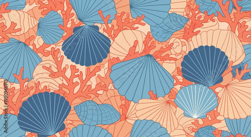 Seamless vector illustration of stylized seashells and coral reef elements. Features blue scallop shells, beige spiral shells and orange coral branches in a flat layered design.