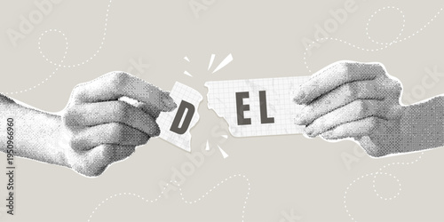 Hands tearing paper with the word delete.Trendy halftone collage. Illustration of digital file deletion and data erasure. Concept of information deletion or online privacy protection strategy.