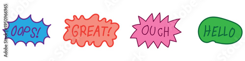 Colourful hand drawn comic style speech bubbles expressing various emotions and greetings like oops great ough and hello are isolated for graphic design elements