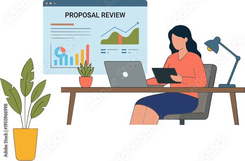 Businesswoman reviews proposal at desk with laptop and documents in office