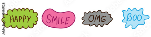 Cute hand drawn doodle word bubbles including happy smile OMS and boo in vibrant colours for graphic design