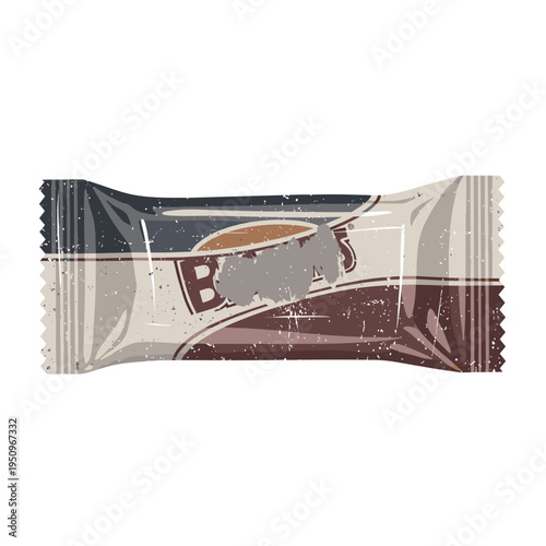 Faded candy wrapper with vintage design isolated on white background, displaying a muted color scheme and rustic texture