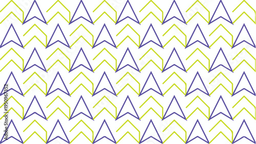 Geometric purple triangle and yellow arrow repetitive pattern for backgrounds, textiles, packaging, and print media. Ideal for vibrant graphic designs.