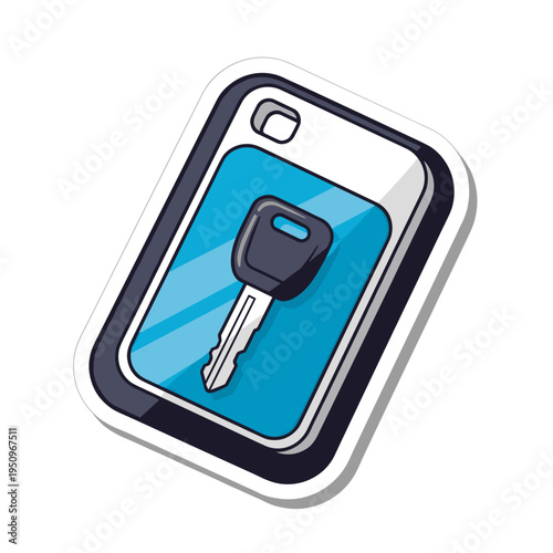 Illustration of a metallic access fob with a key design, isolated on a white background, featuring a blue and silver color scheme and modern style